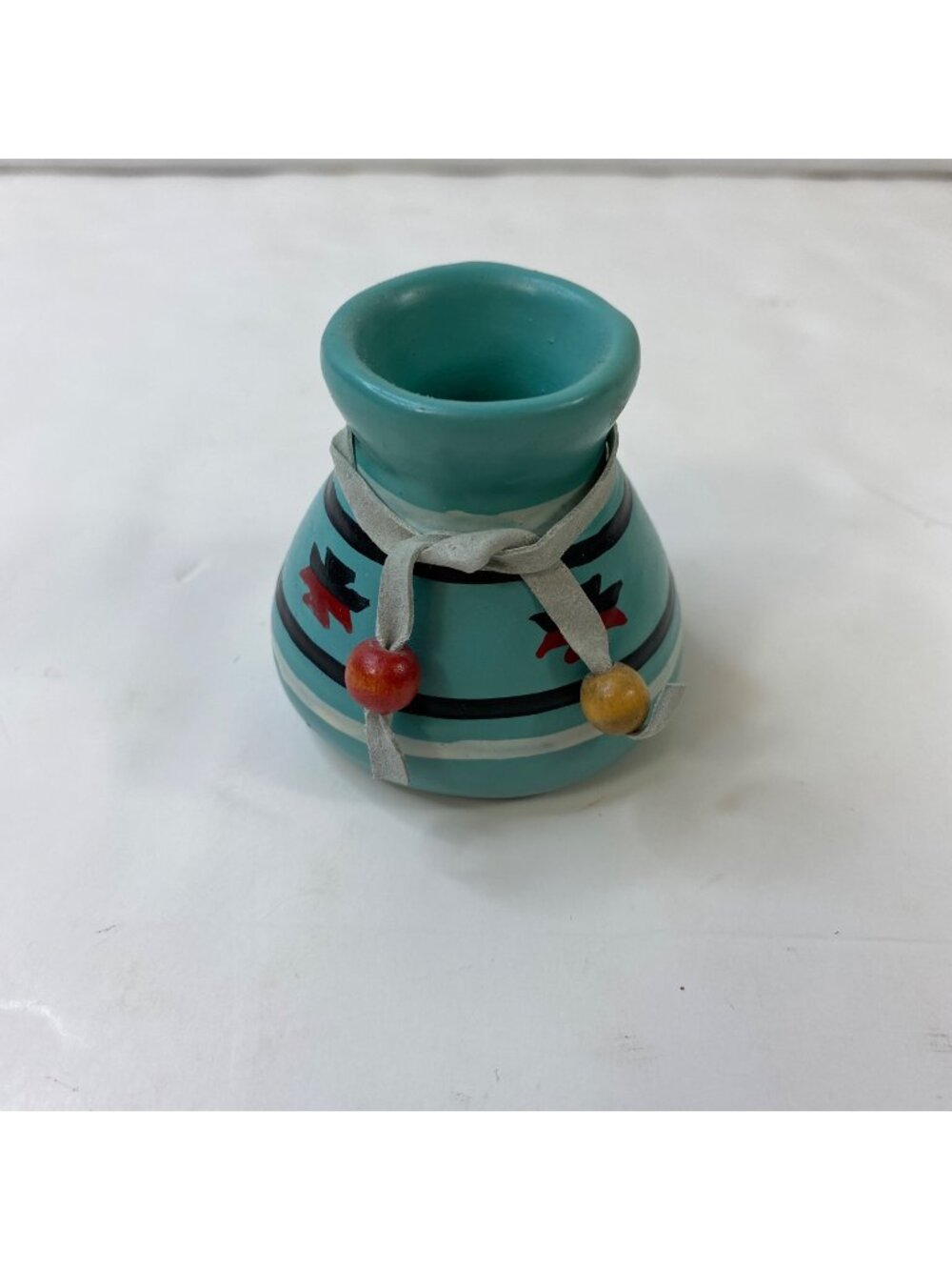 Miniature Decorative Blue Teal Vase Red Yellow Beads White Ribbon Black Stripes